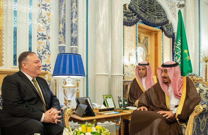 US Secretary of State Mike Pompeo, who arrived Monday in Saudi Arabia, meets with King Salman.