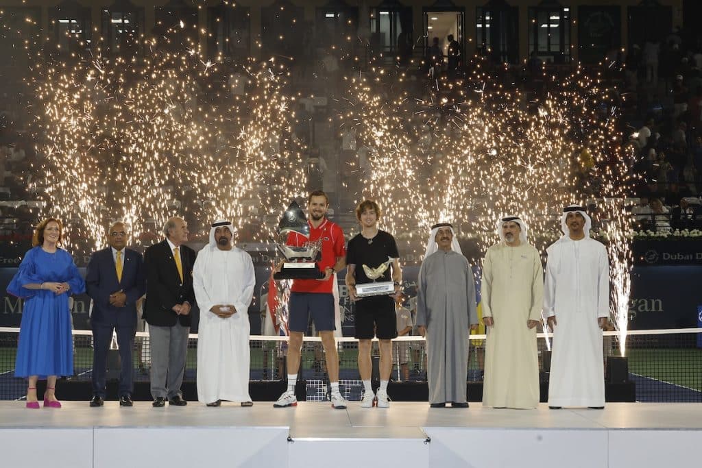 DUBAI, UAE, 4th March 2023. 2022 champion Andrey Rublev in action during  the men's singles final of the Dubai Duty Free Tennis Open Championships.  3rd seed Daniil Medvedev defeated Rublev 6-2, 6-2