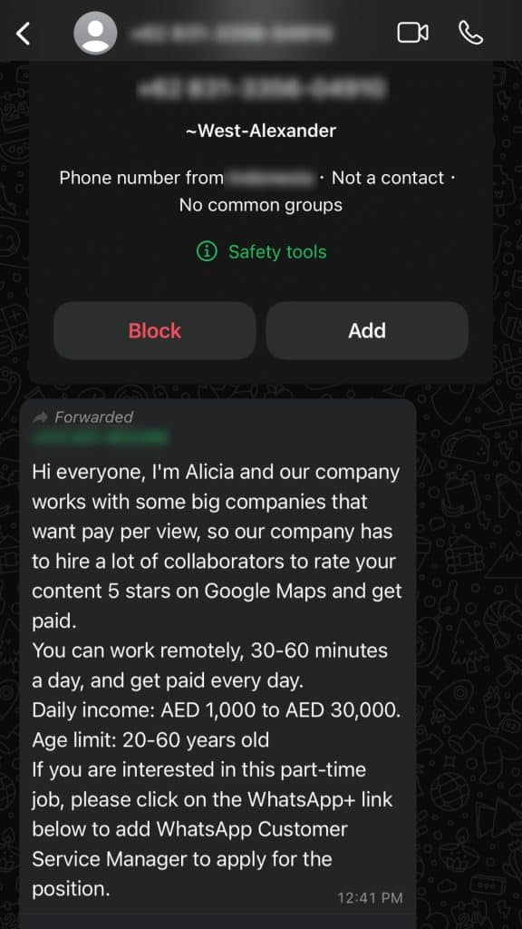 UAE WhatsApp job scams