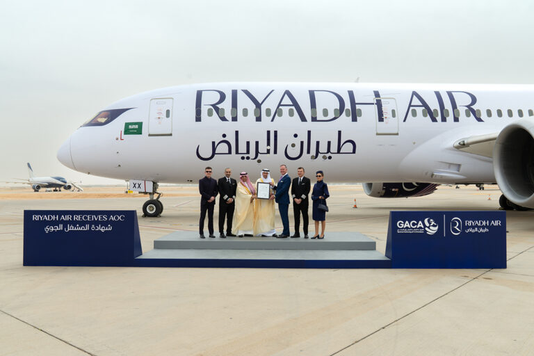 Riyadh Air aircraft displayed at a press conference