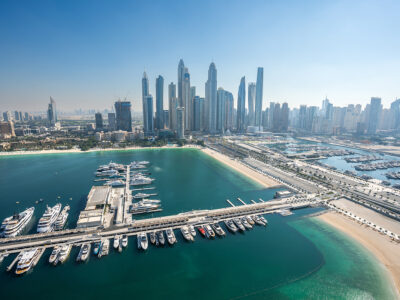 Dubai Marina skyline beach and luxury yachts