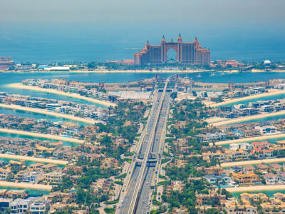 Aerial view of Dubai's Palm Jumeirah artificial island with luxury villas and Atlantis hotel