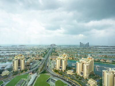 Dubai man-made island Palm Jumeirah Day Aerial Views