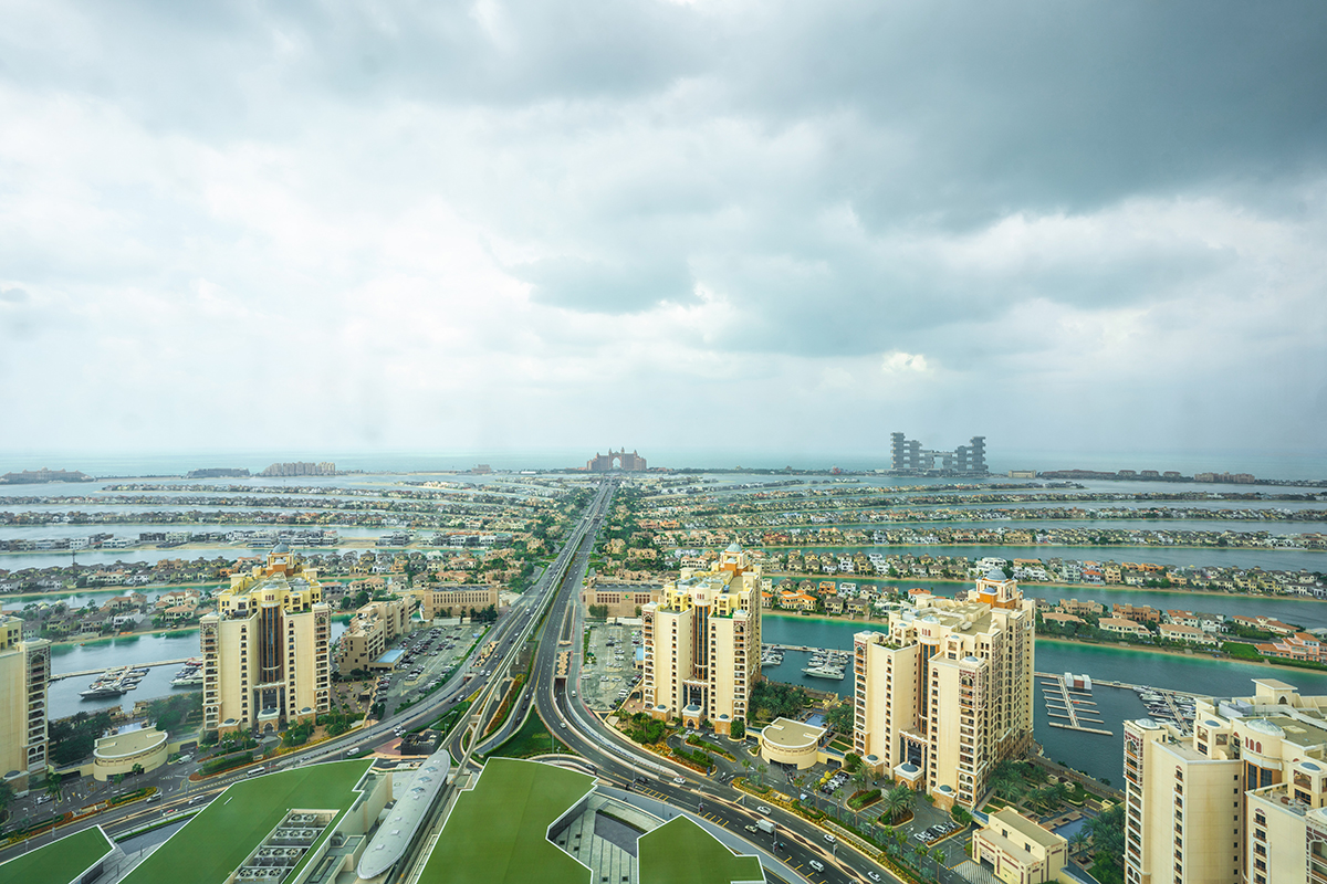 Dubai man-made island Palm Jumeirah Day Aerial Views